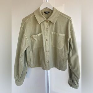 Paige Cropped Boxy Denim Jacket in Vintage Pale Olive Grewn Size Medium